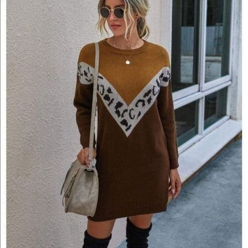 Cupshe Leopard Print Colorblock Mini Sweater Dress - Picture 2 of 11